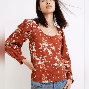 Madewell Corduroy Shirred-Sleeve Button-Front Top in Farmstand Bouquet Size SM